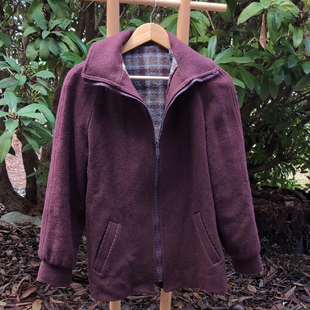 Vintage Wool Burgundy Jacket with Plaid Lining Zipper & Pockets